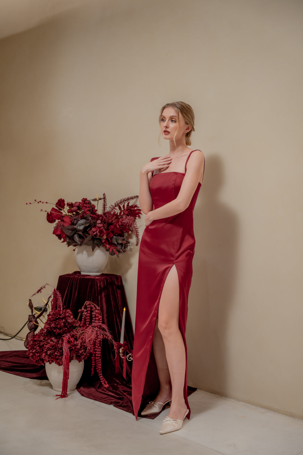 MANUELA Strappy Straight Cut Maxi with Sllk (Maroon Korean SIlk)