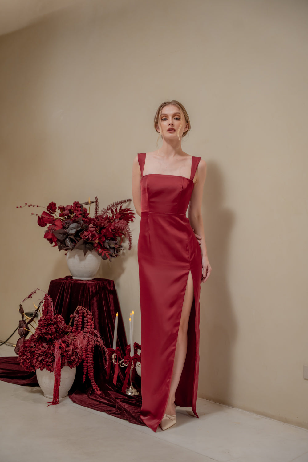 MANUELA Strappy Straight Cut Maxi with Sllk (Maroon Korean SIlk)