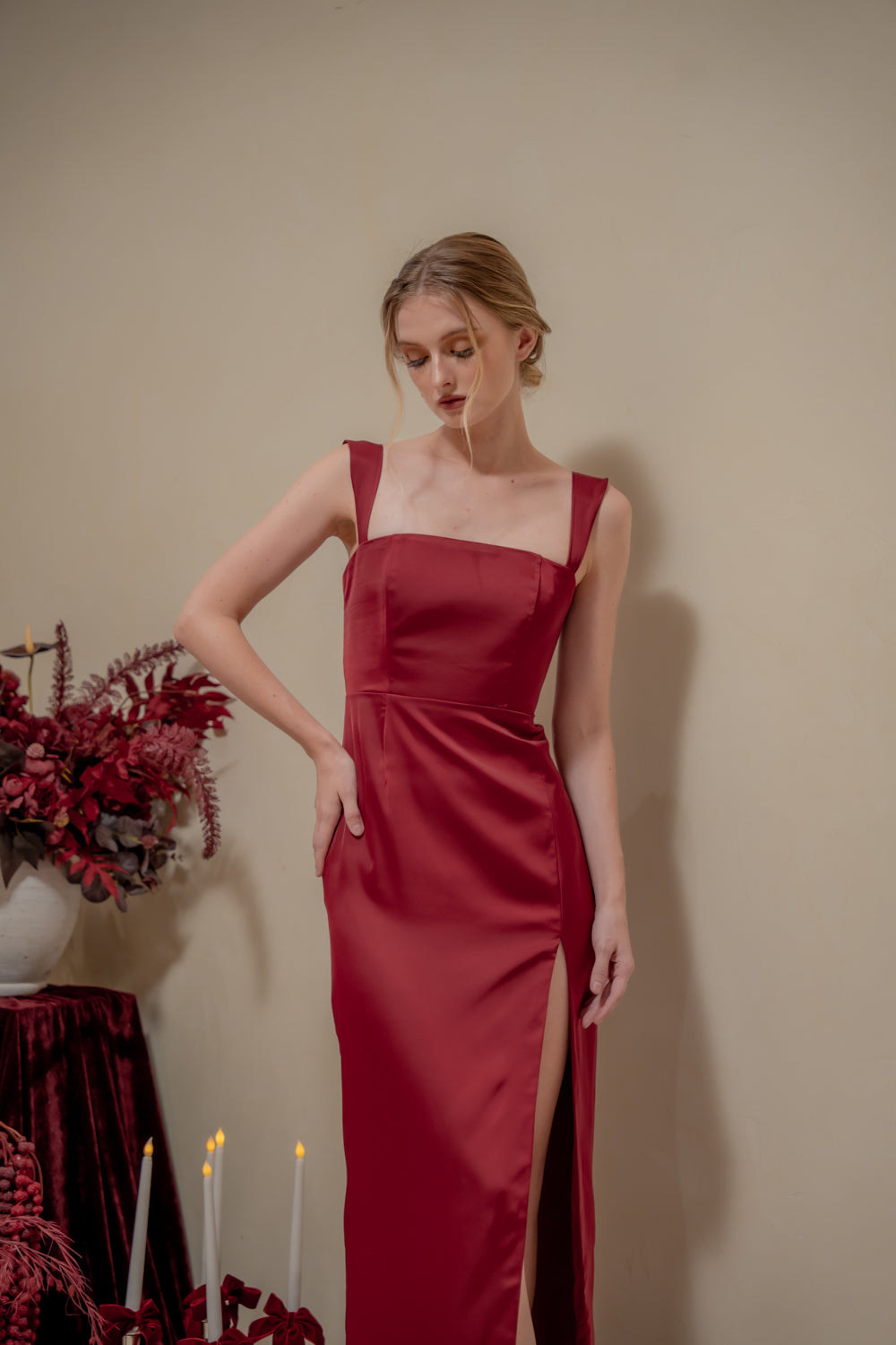 MANUELA Strappy Straight Cut Maxi with Sllk (Maroon Korean SIlk)