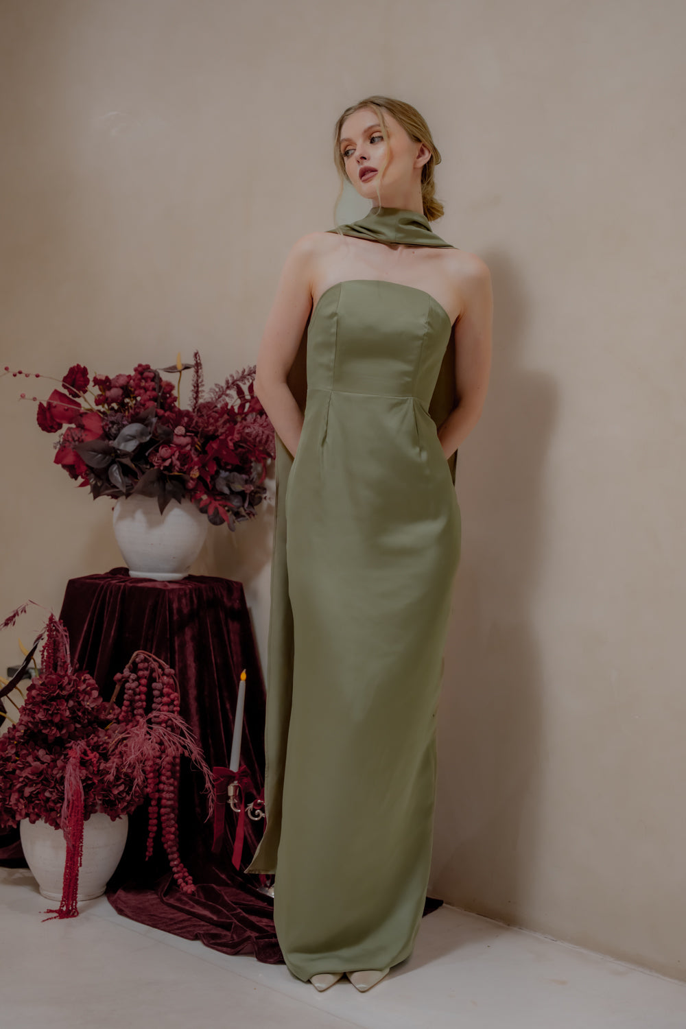 AMARA Curve Neckline Straight Cut Maxi with Sash Neckpiece (Dark Olive Korean Silk)