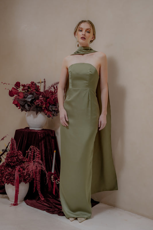 AMARA Curve Neckline Straight Cut Maxi with Sash Neckpiece (Dark Olive Korean Silk)