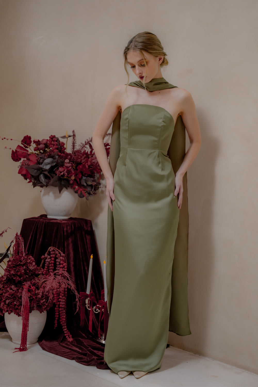 AMARA Curve Neckline Straight Cut Maxi with Sash Neckpiece (Dark Olive Korean Silk)