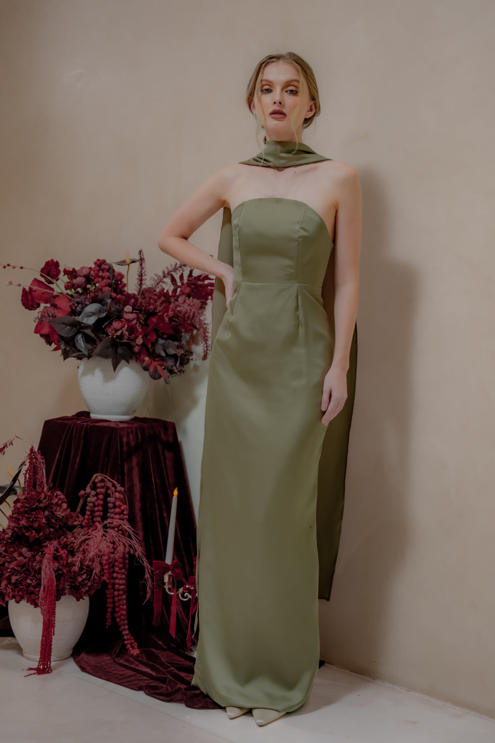 AMARA Curve Neckline Straight Cut Maxi with Sash Neckpiece (Dark Olive Korean Silk)