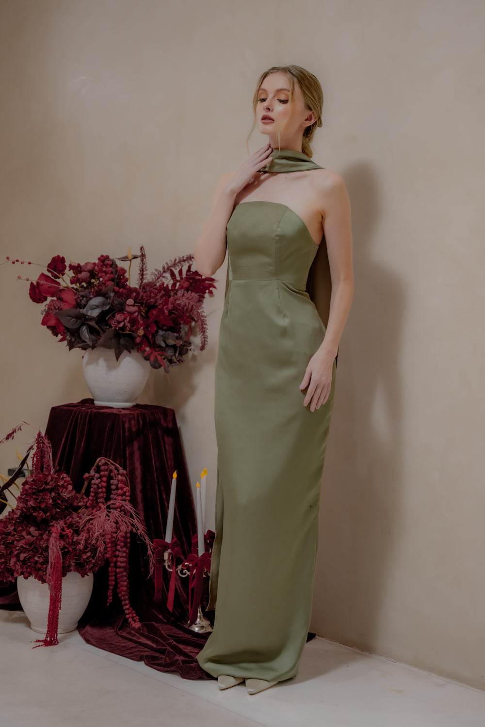 AMARA Curve Neckline Straight Cut Maxi with Sash Neckpiece (Dark Olive Korean Silk)