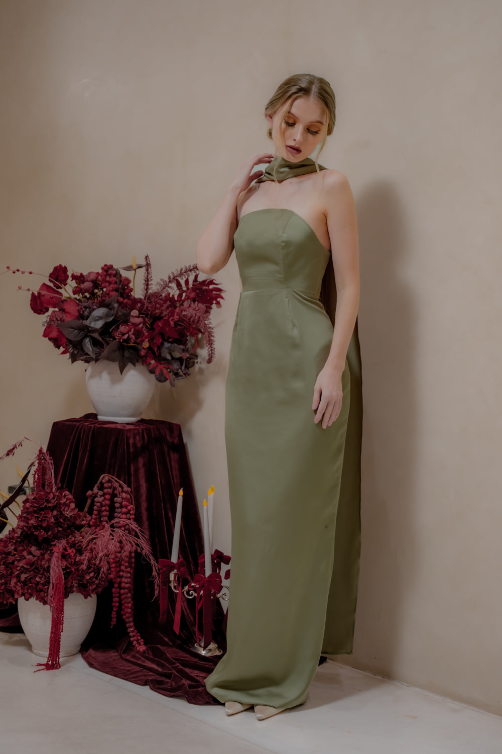 AMARA Curve Neckline Straight Cut Maxi with Sash Neckpiece (Dark Olive Korean Silk)