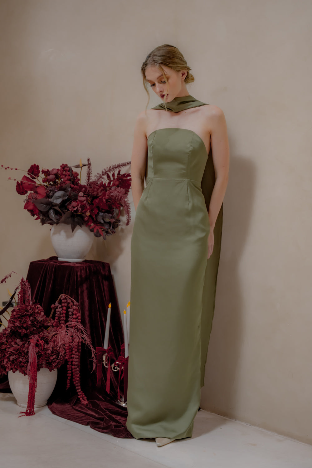AMARA Curve Neckline Straight Cut Maxi with Sash Neckpiece (Dark Olive Korean Silk)