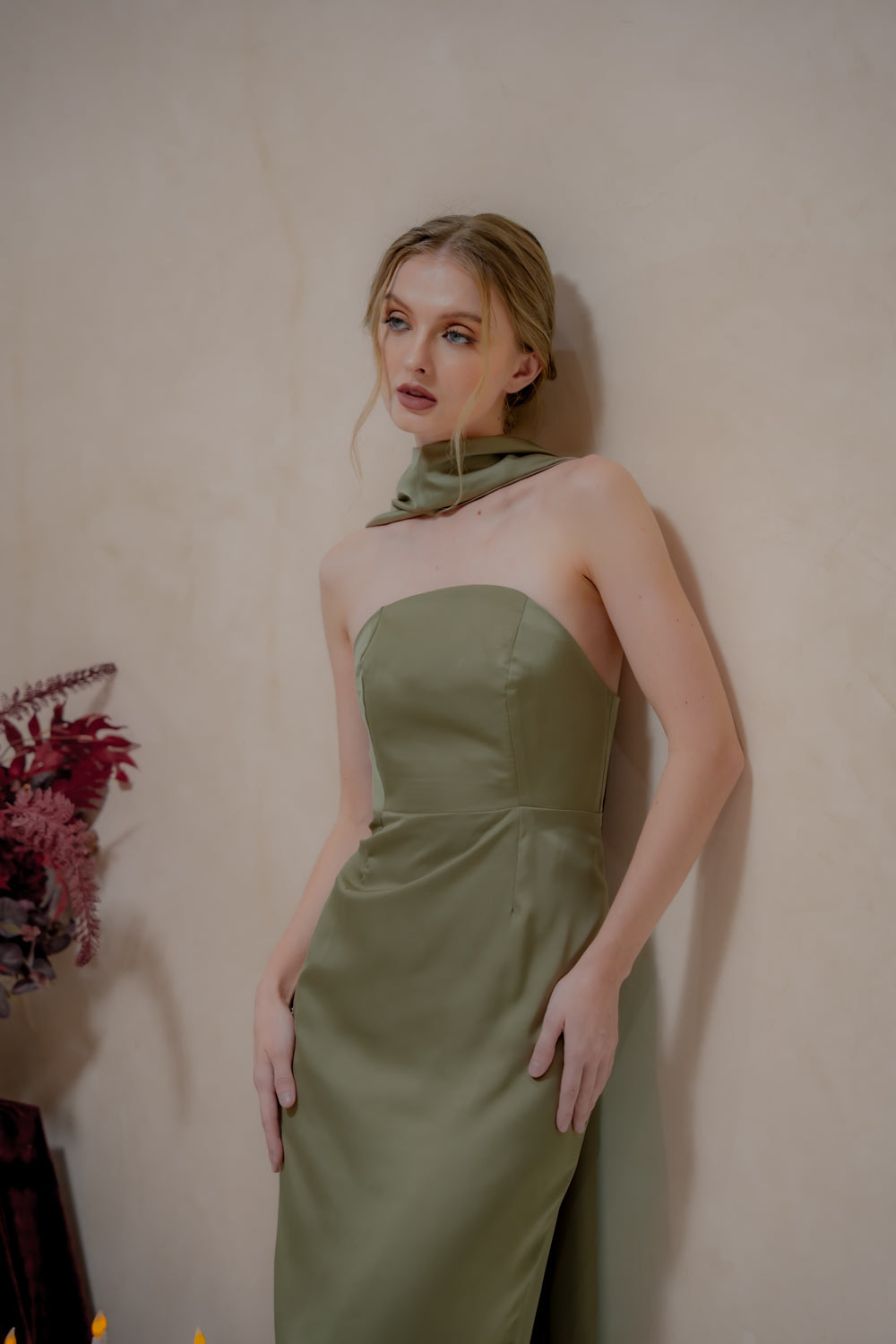 AMARA Curve Neckline Straight Cut Maxi with Sash Neckpiece (Dark Olive Korean Silk)
