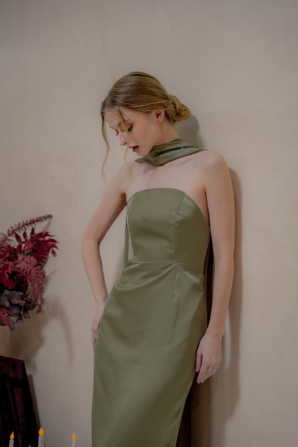 AMARA Curve Neckline Straight Cut Maxi with Sash Neckpiece (Dark Olive Korean Silk)