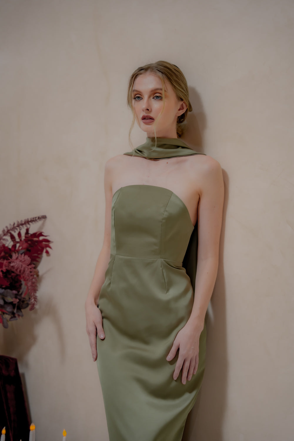 AMARA Curve Neckline Straight Cut Maxi with Sash Neckpiece (Dark Olive Korean Silk)