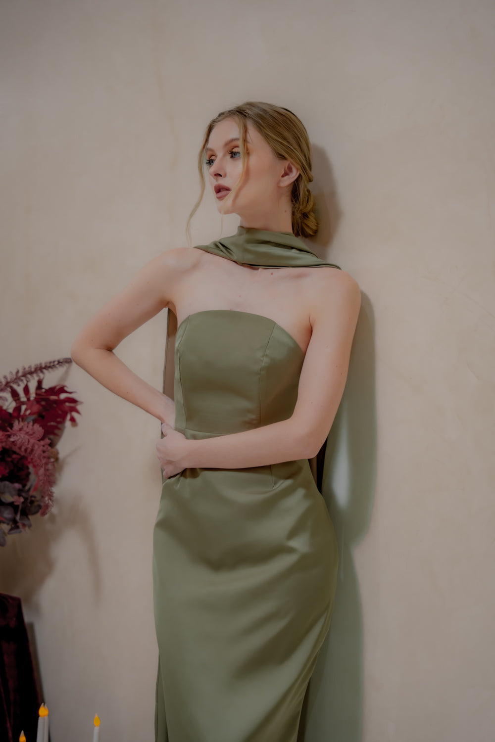 AMARA Curve Neckline Straight Cut Maxi with Sash Neckpiece (Dark Olive Korean Silk)