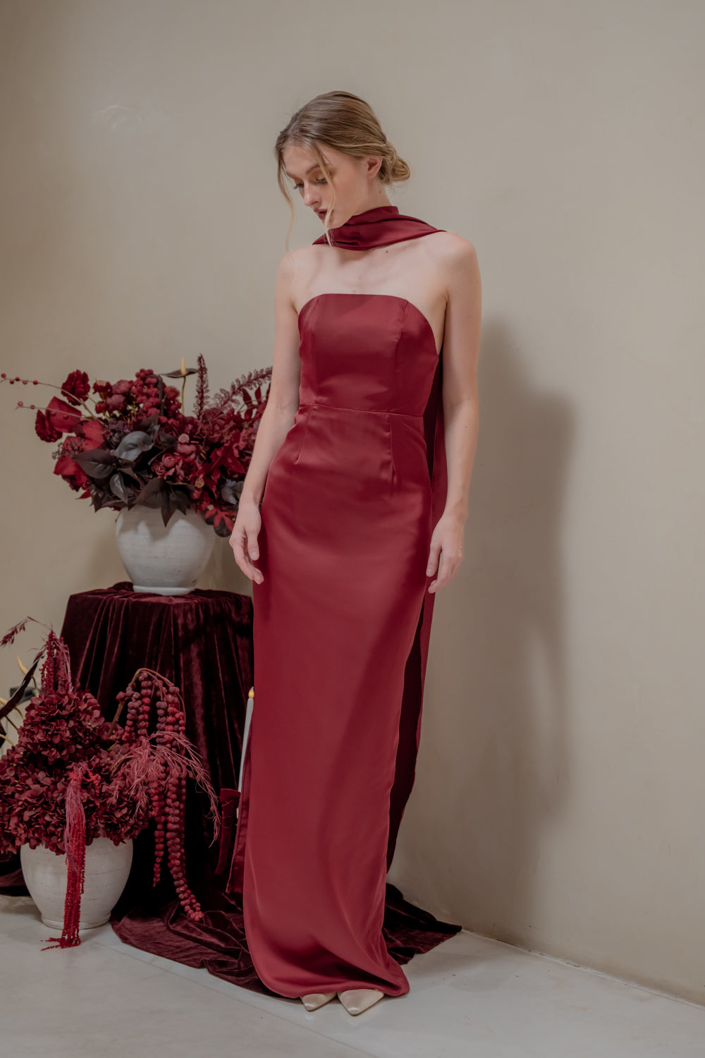 AMARA Curve Neckline Straight Cut Maxi with Sash Neckpiece (Maroon Korean Silk)