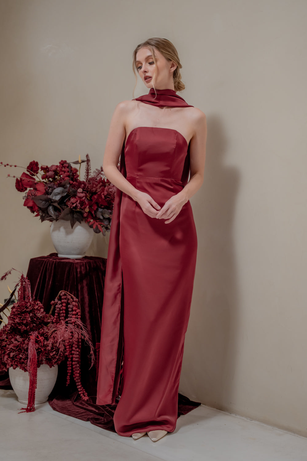 AMARA Curve Neckline Straight Cut Maxi with Sash Neckpiece (Maroon Korean Silk)
