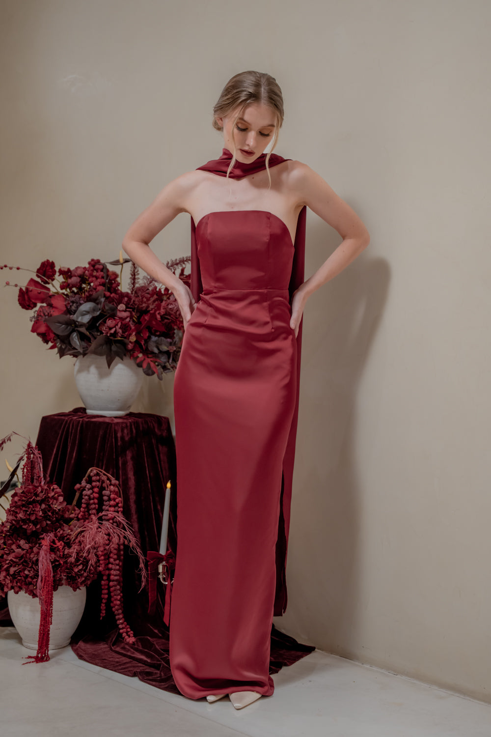 AMARA Curve Neckline Straight Cut Maxi with Sash Neckpiece (Maroon Korean Silk)