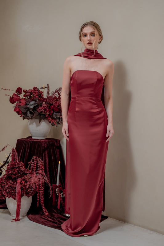 AMARA Curve Neckline Straight Cut Maxi with Sash Neckpiece (Maroon Korean Silk)