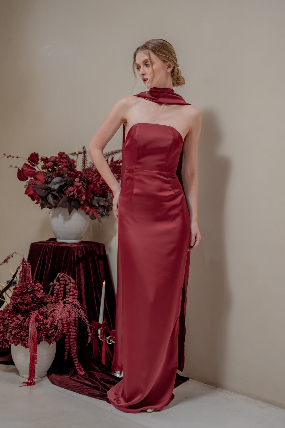 AMARA Curve Neckline Straight Cut Maxi with Sash Neckpiece (Maroon Korean Silk)