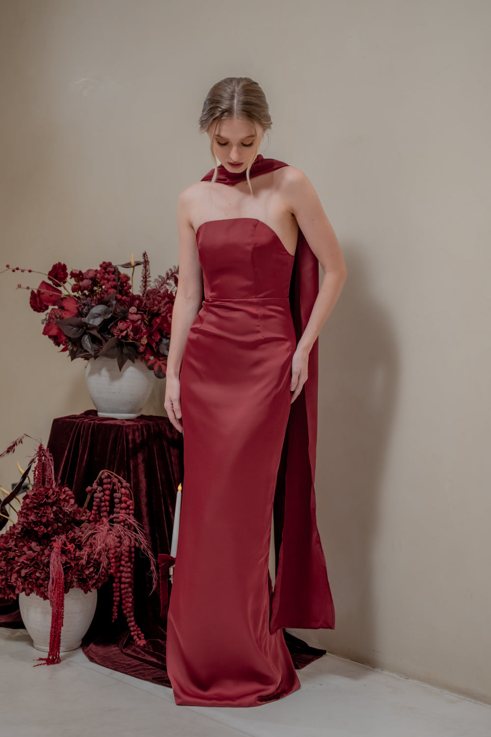 AMARA Curve Neckline Straight Cut Maxi with Sash Neckpiece (Maroon Korean Silk)