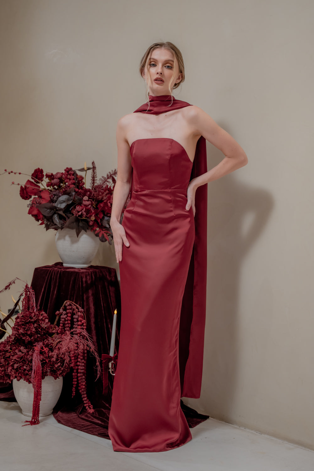 AMARA Curve Neckline Straight Cut Maxi with Sash Neckpiece (Maroon Korean Silk)