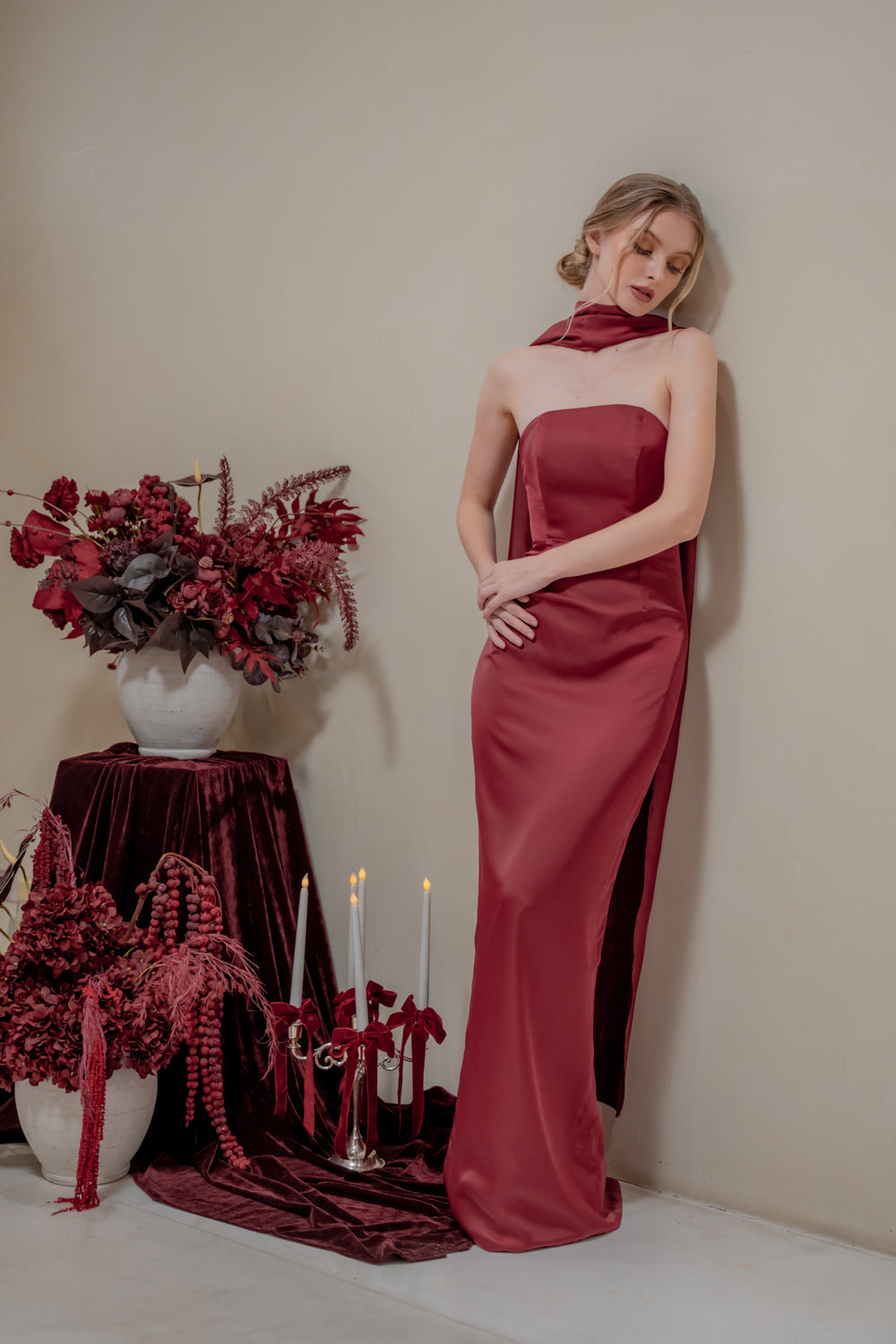 AMARA Curve Neckline Straight Cut Maxi with Sash Neckpiece (Maroon Korean Silk)