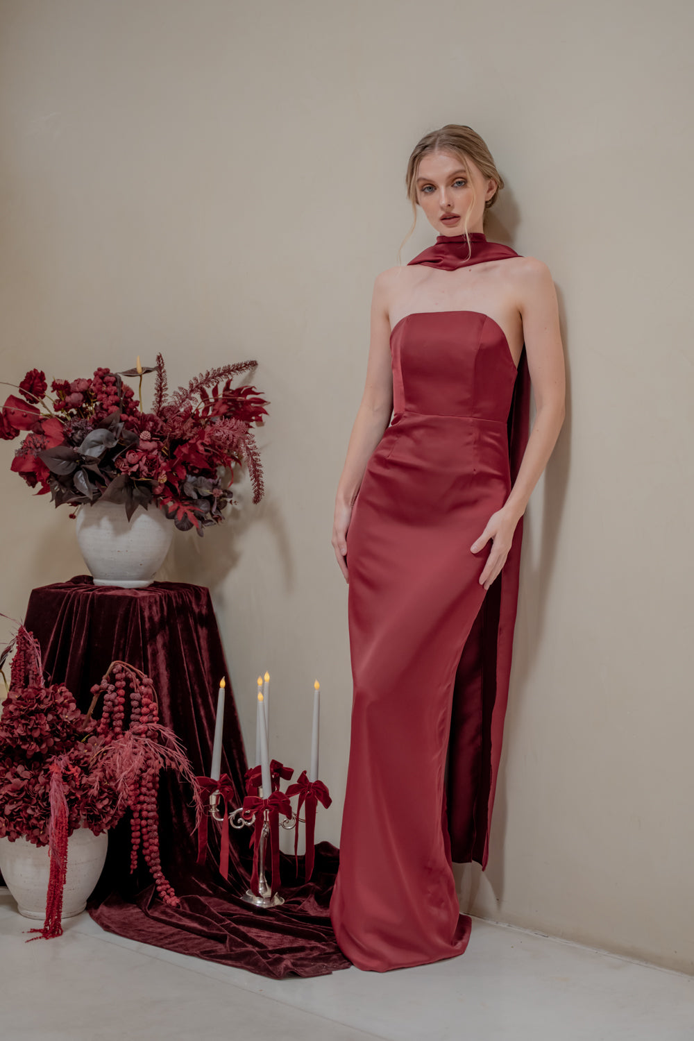 AMARA Curve Neckline Straight Cut Maxi with Sash Neckpiece (Maroon Korean Silk)
