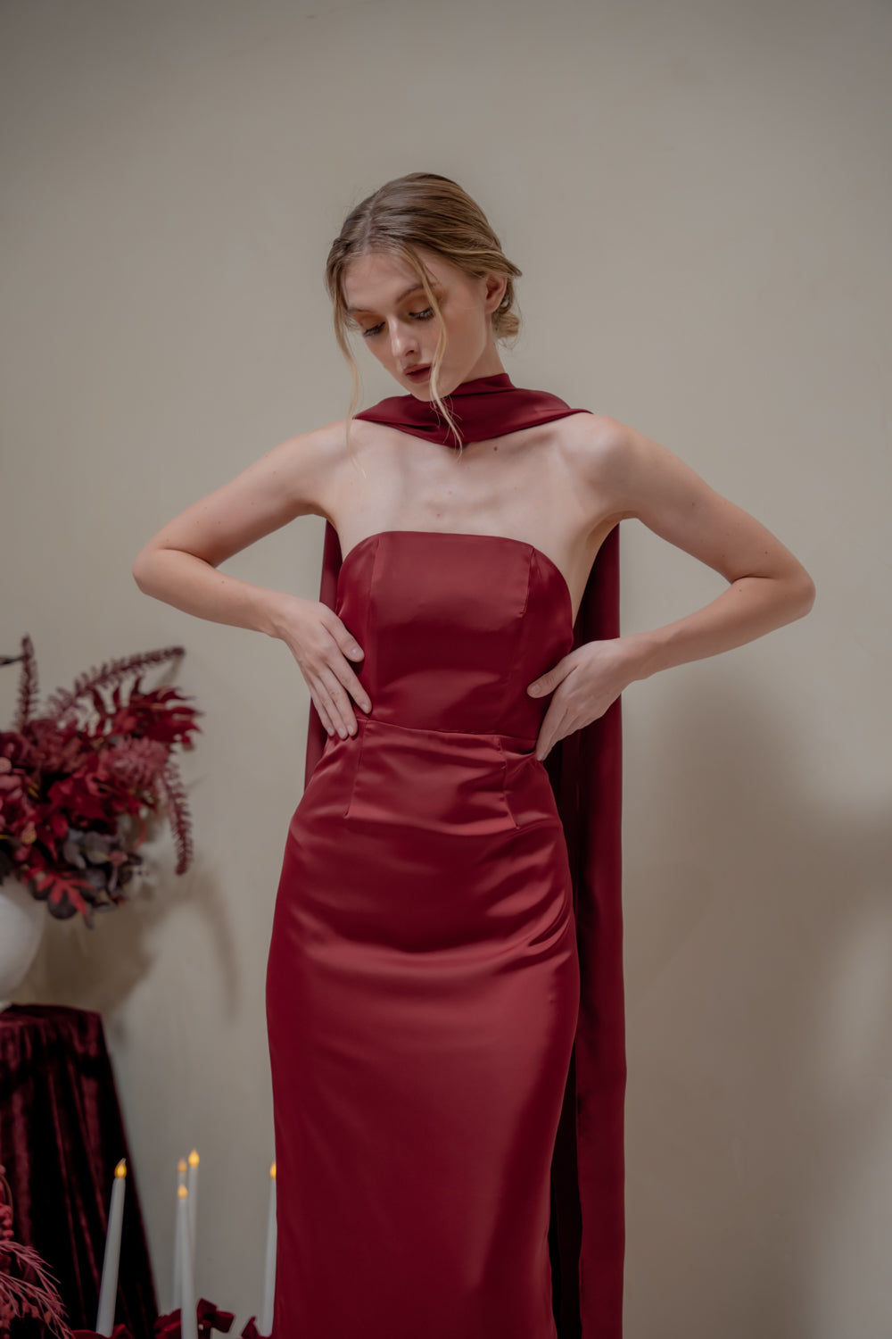 AMARA Curve Neckline Straight Cut Maxi with Sash Neckpiece (Maroon Korean Silk)