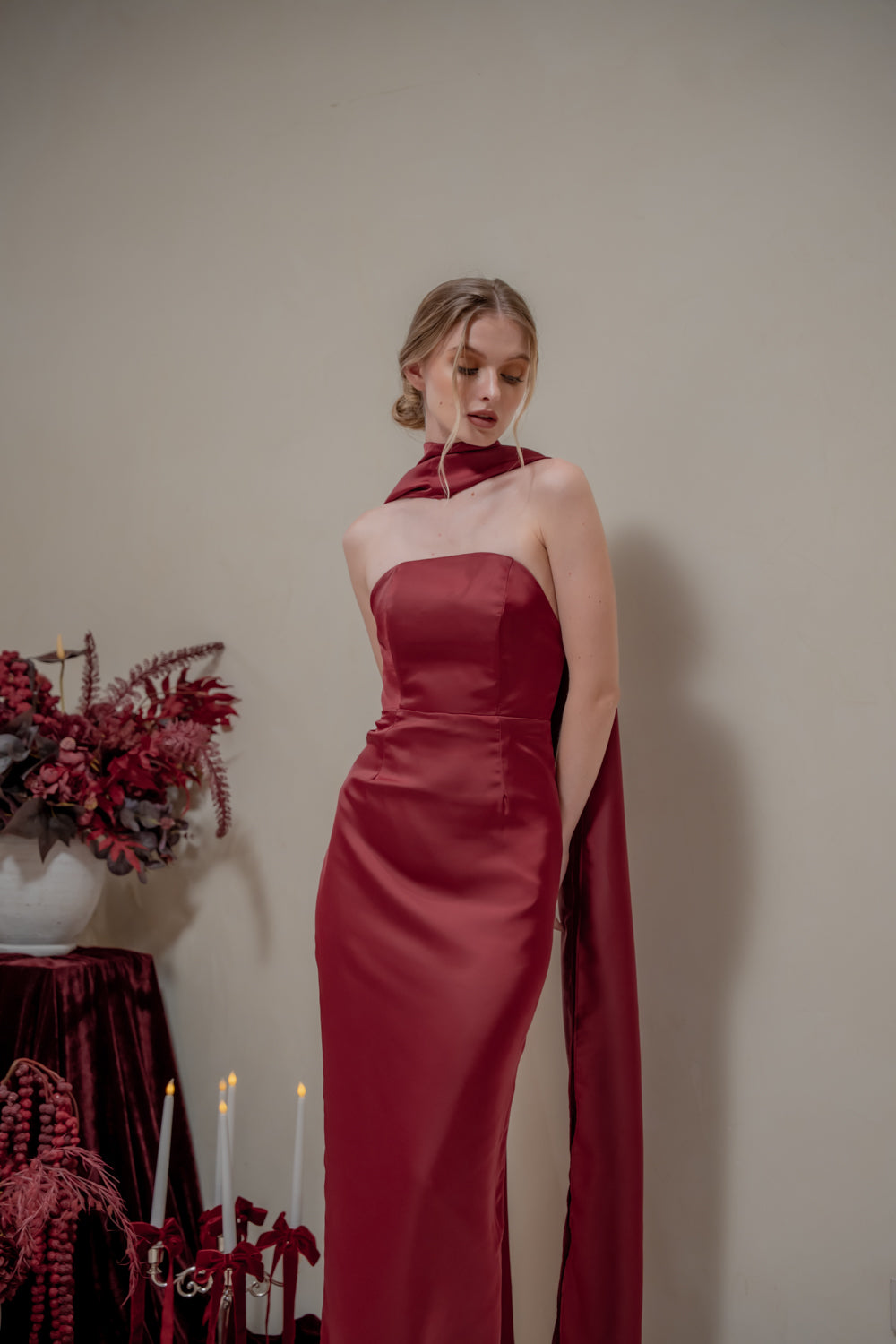 AMARA Curve Neckline Straight Cut Maxi with Sash Neckpiece (Maroon Korean Silk)