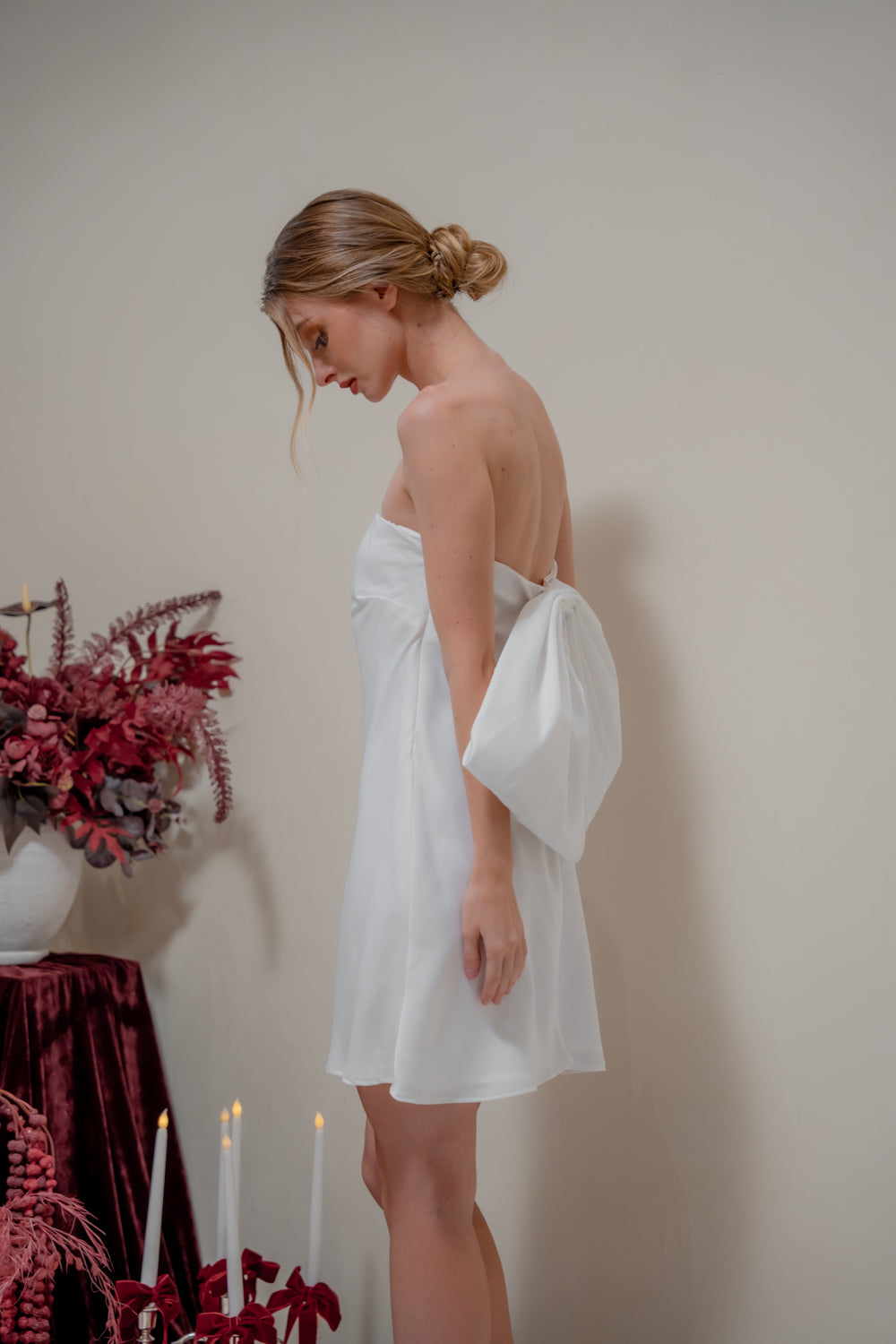 CALISTA DRESS Strapless Mini Dress with Bow Back (White Silk Crepe)