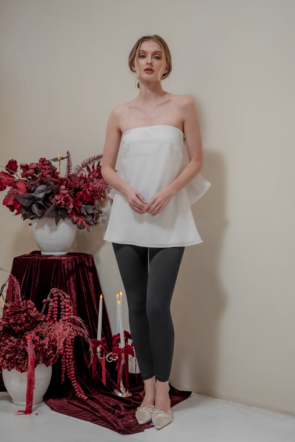 CALLA TOP Strapless Top with Bow Back (Blush Silk Crepe)