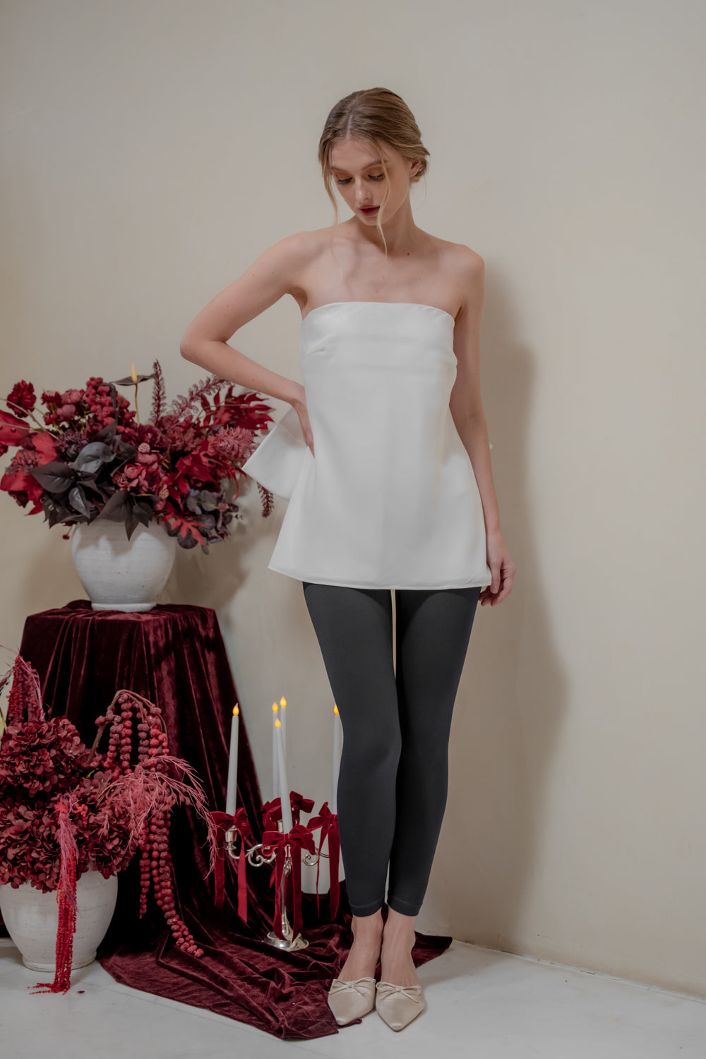 CALLA TOP Strapless Top with Bow Back (Blush Silk Crepe)