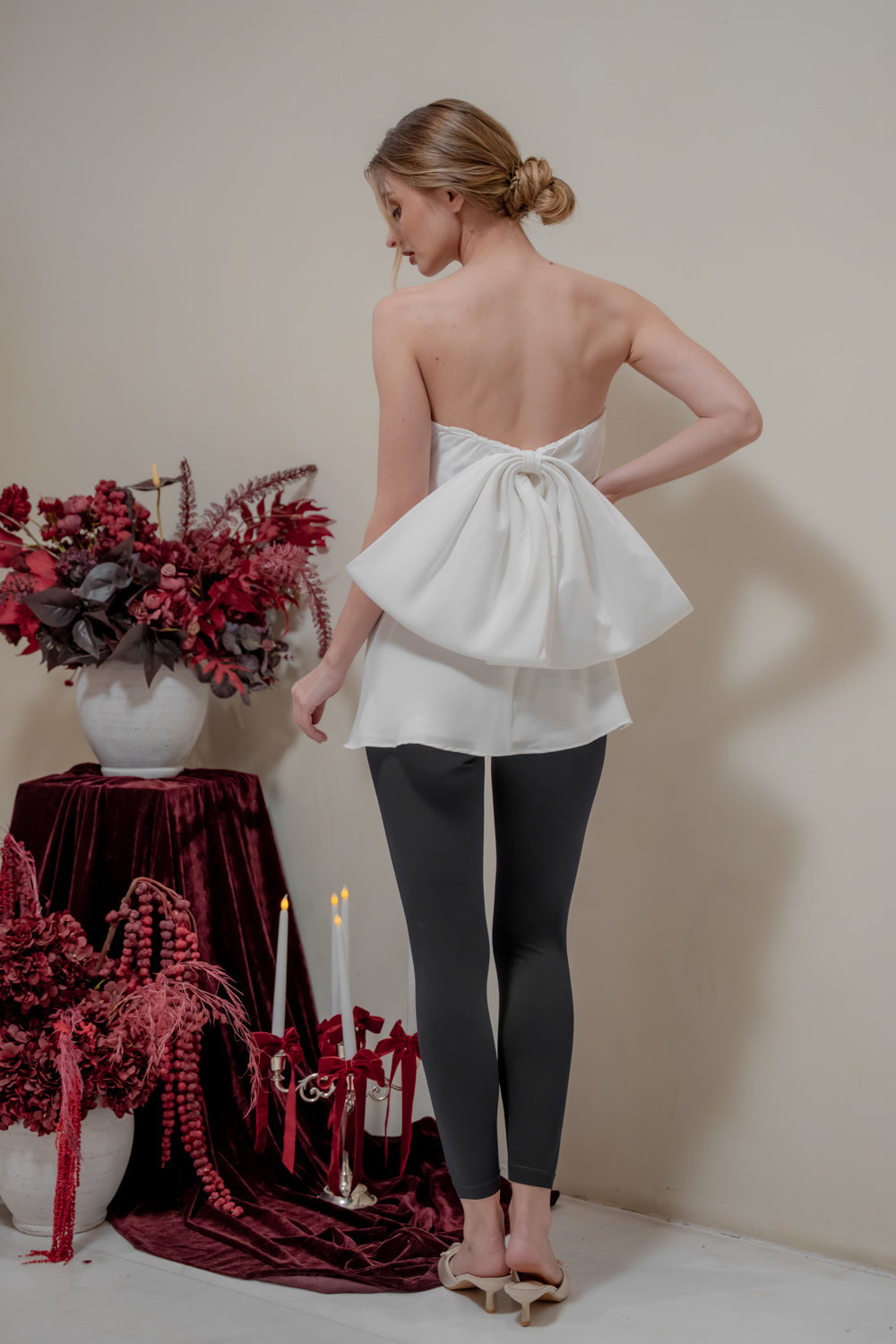 CALLA TOP Strapless Top with Bow Back (White Silk Crepe)