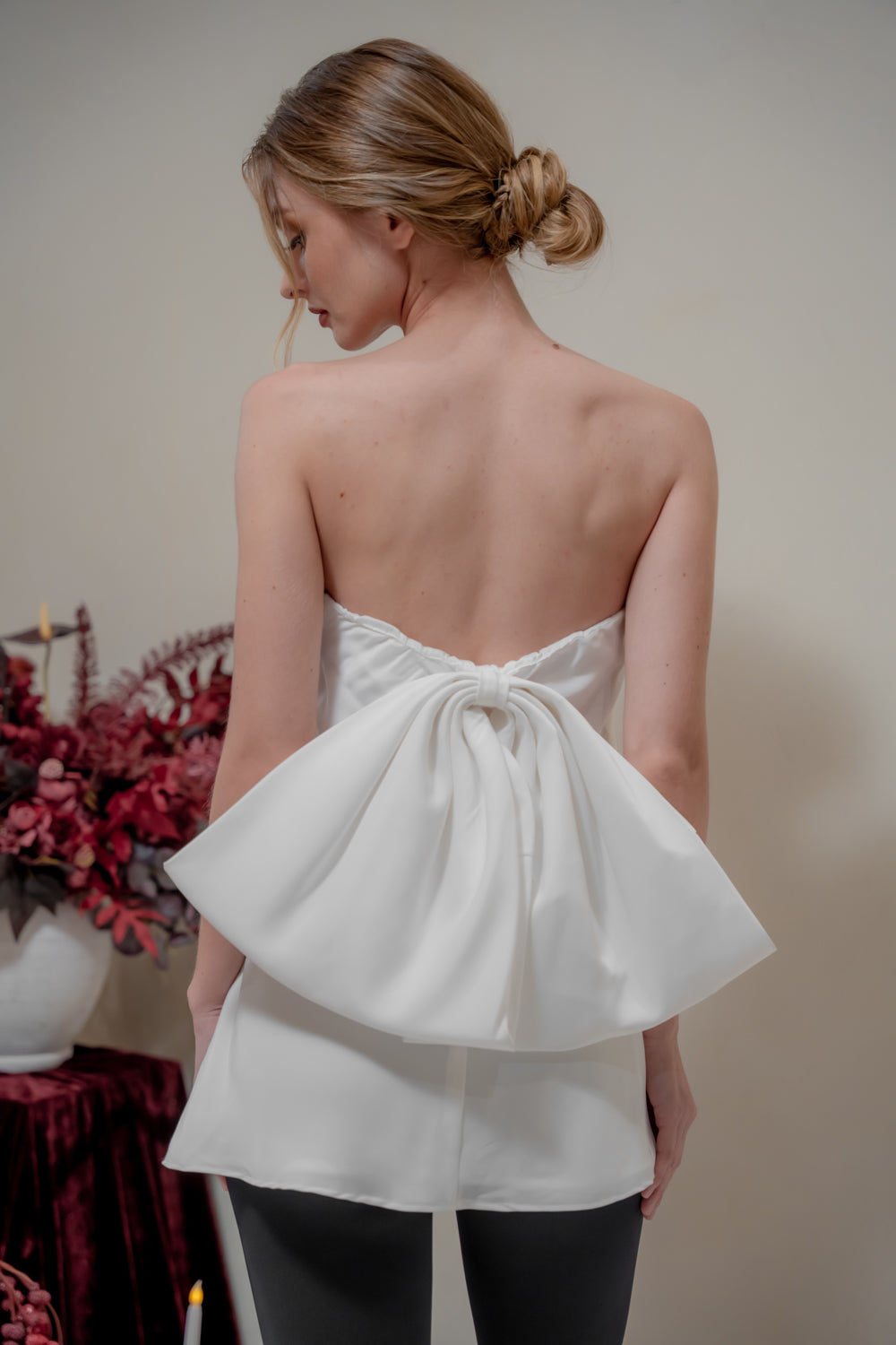 CALLA TOP Strapless Top with Bow Back (White Silk Crepe)