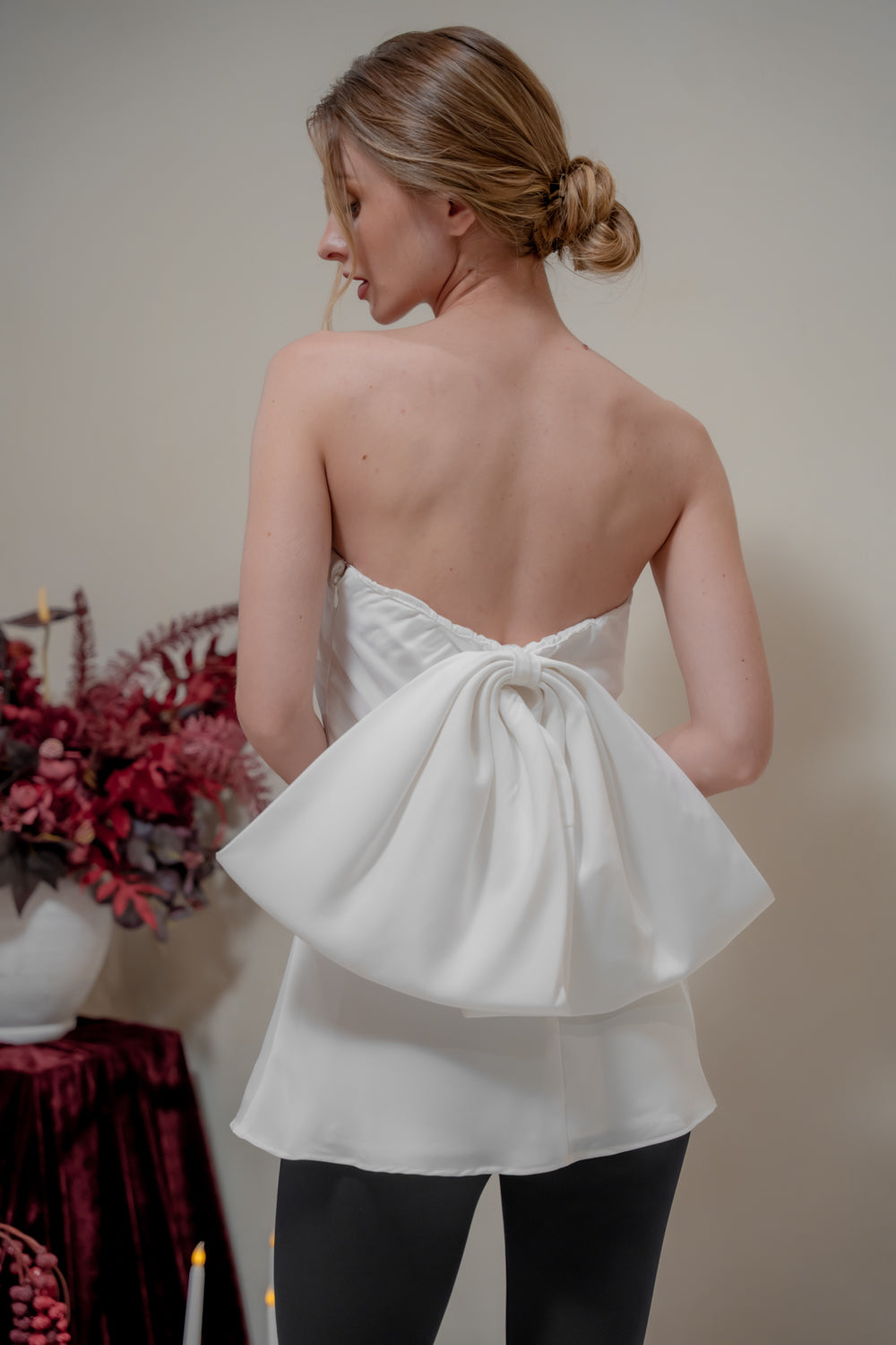 CALLA TOP Strapless Top with Bow Back (Blush Silk Crepe)