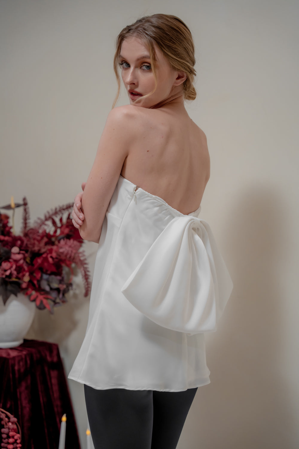 CALLA TOP Strapless Top with Bow Back (Blush Silk Crepe)