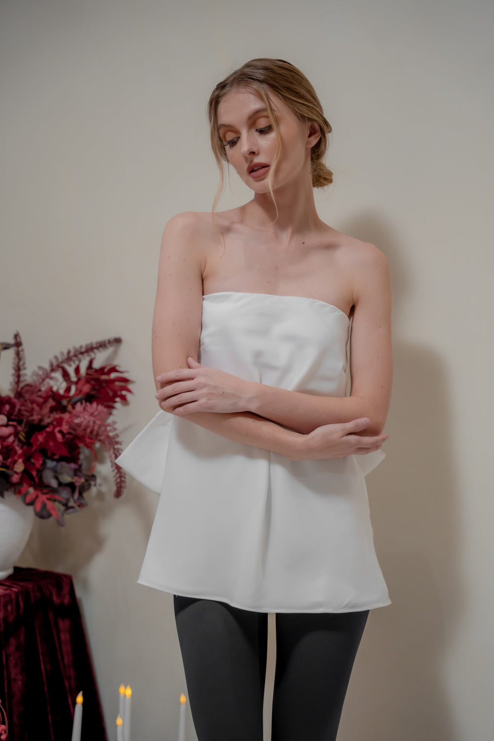 CALLA TOP Strapless Top with Bow Back (White Silk Crepe)