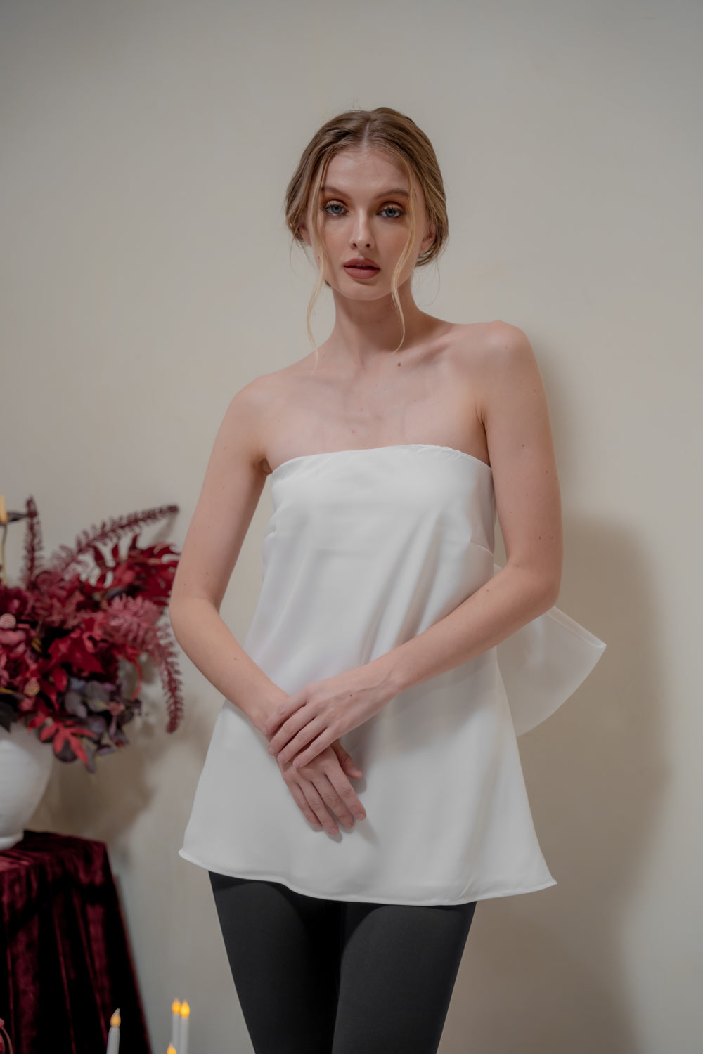 CALLA TOP Strapless Top with Bow Back (White Silk Crepe)