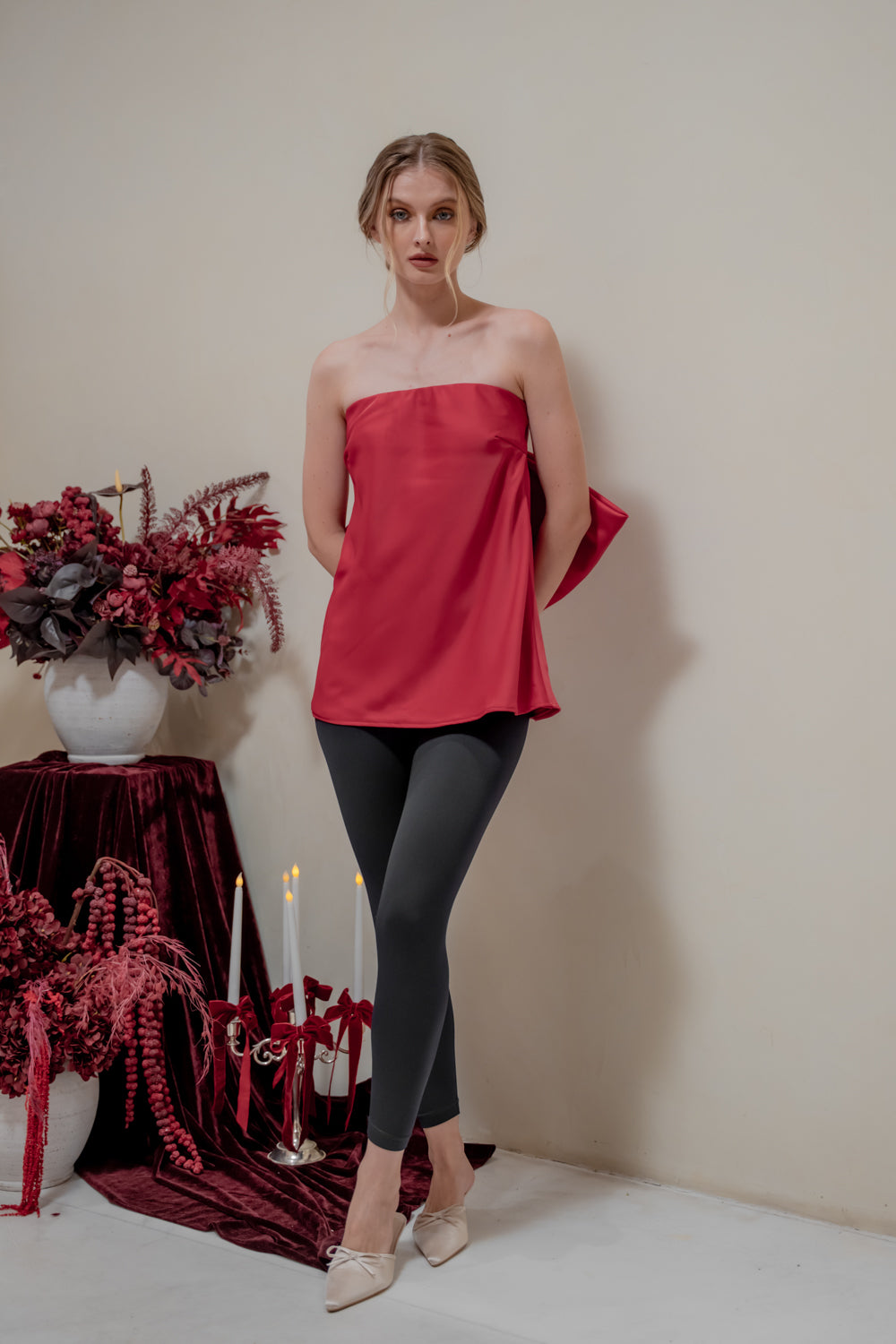 CALLA TOP Strapless Top with Bow Back (Maroon Silk Crepe)