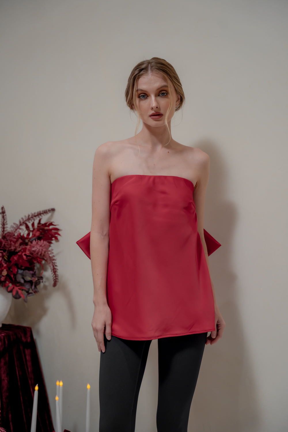 CALLA TOP Strapless Top with Bow Back (Maroon Silk Crepe)
