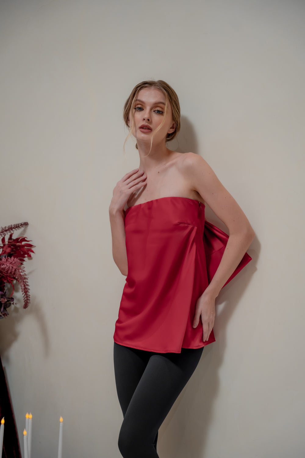 CALLA TOP Strapless Top with Bow Back (Maroon Silk Crepe)