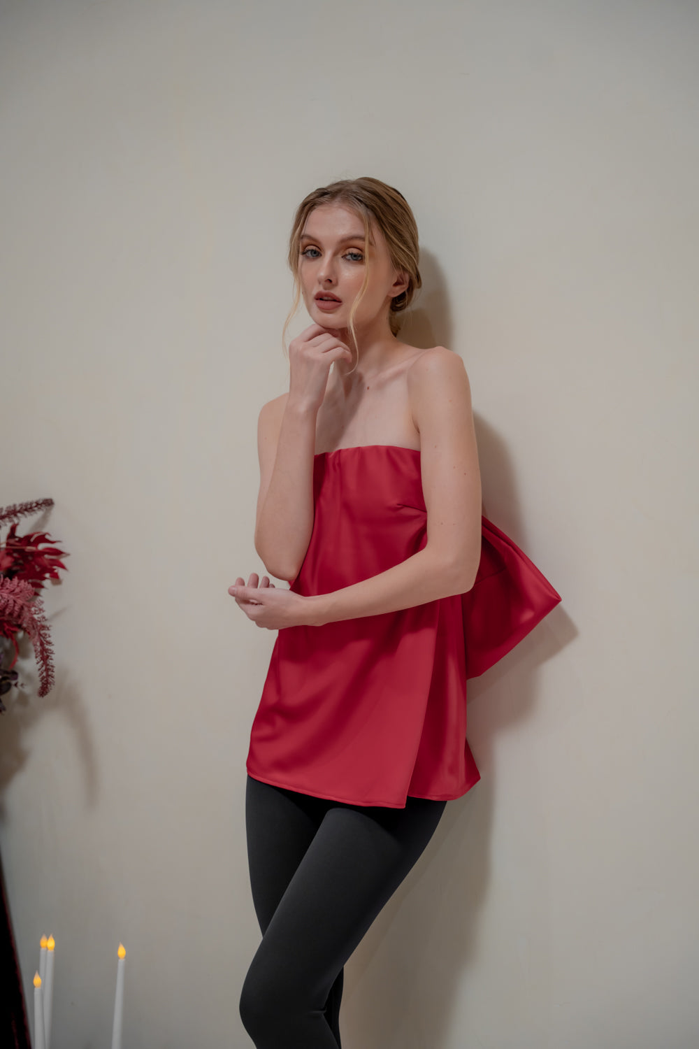 CALLA TOP Strapless Top with Bow Back (Maroon Silk Crepe)