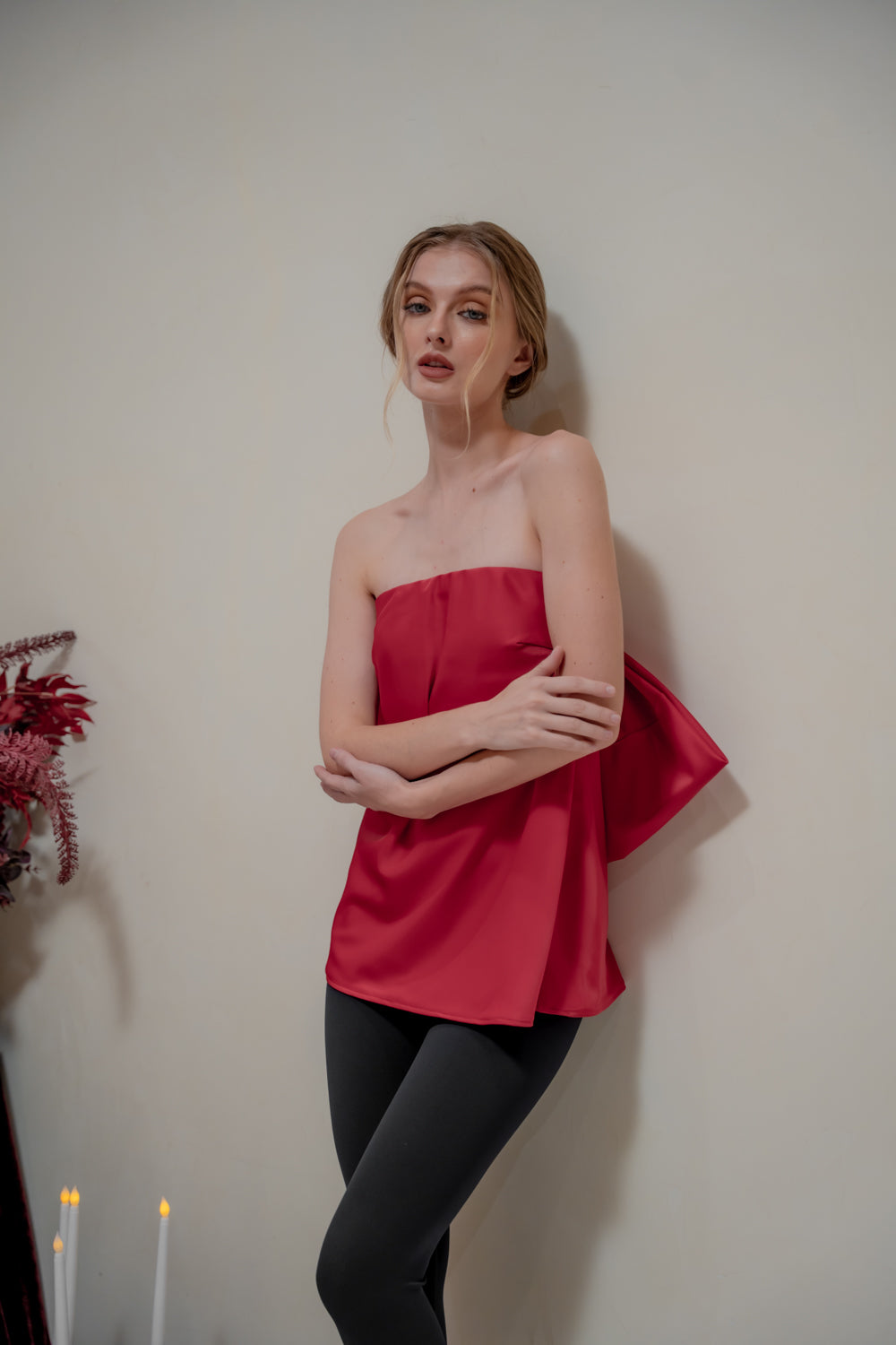 CALLA TOP Strapless Top with Bow Back (Maroon Silk Crepe)