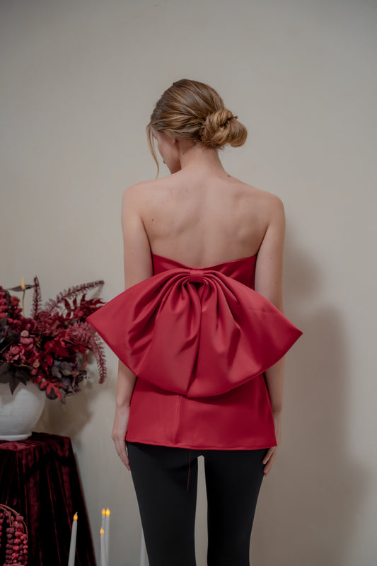 CALLA TOP Strapless Top with Bow Back (Maroon Silk Crepe)