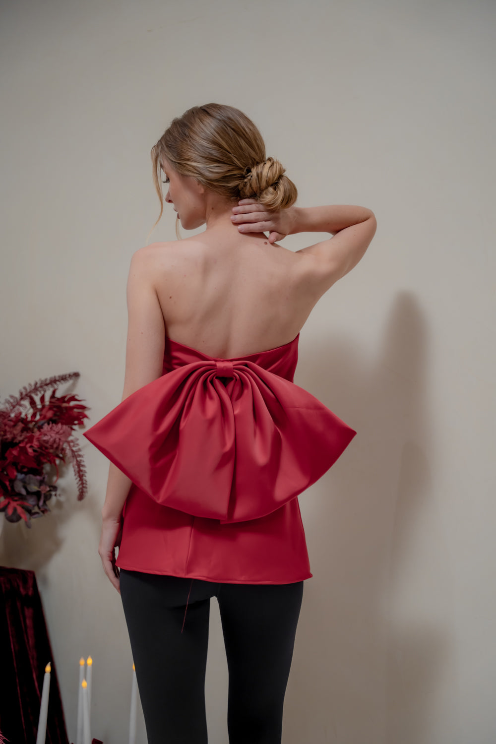 CALLA TOP Strapless Top with Bow Back (Maroon Silk Crepe)