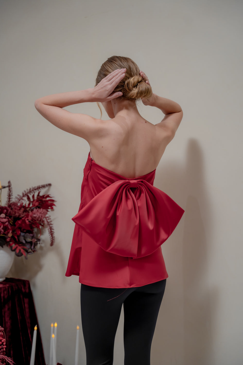 CALLA TOP Strapless Top with Bow Back (Maroon Silk Crepe)