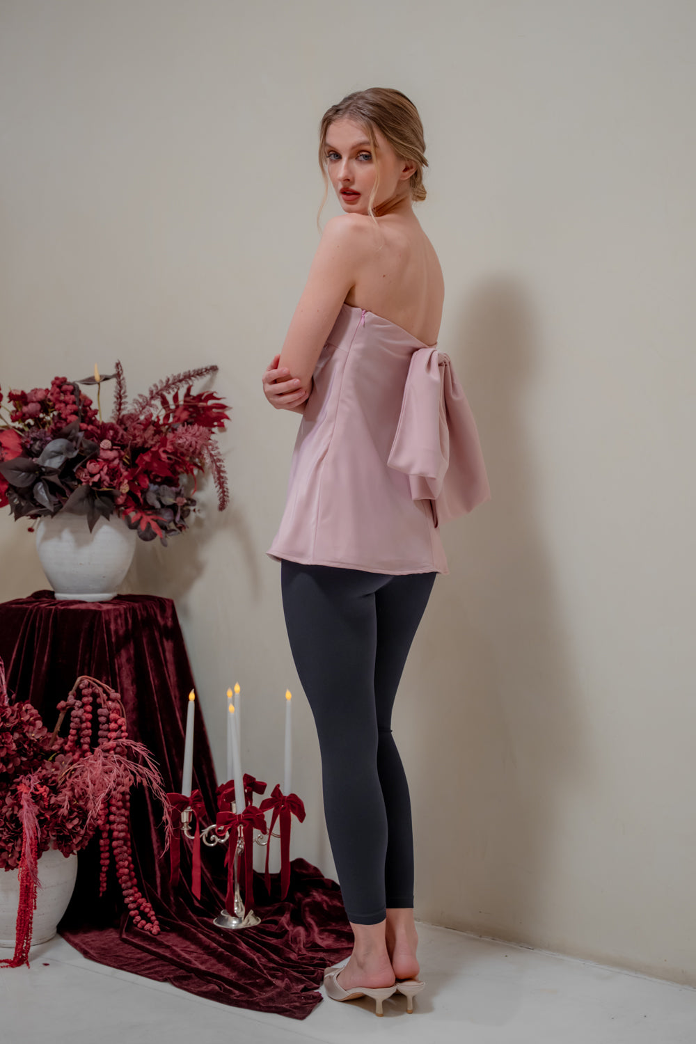 CALLA TOP Strapless Top with Bow Back (Blush Silk Crepe)