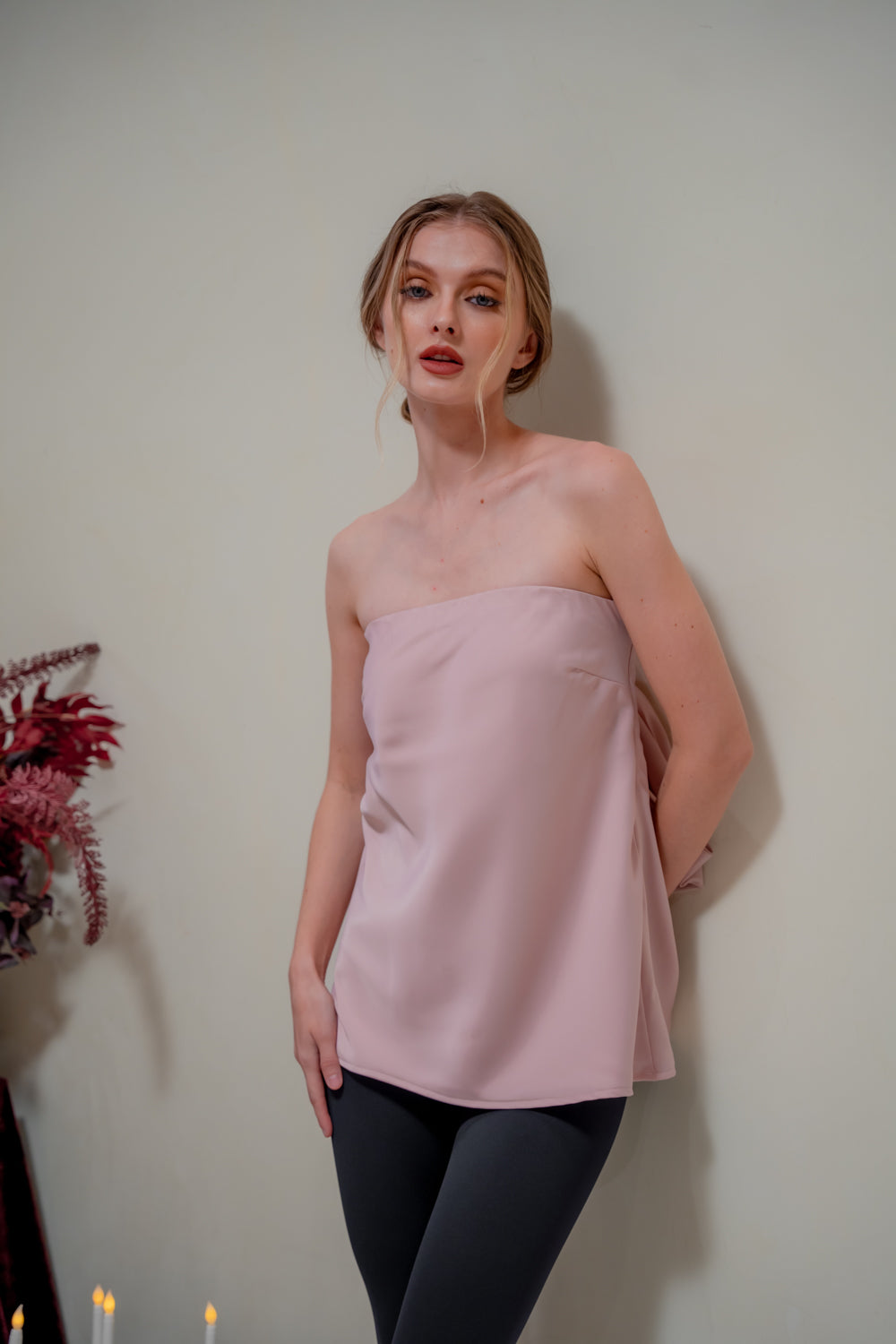 CALLA TOP Strapless Top with Bow Back (Blush Silk Crepe)