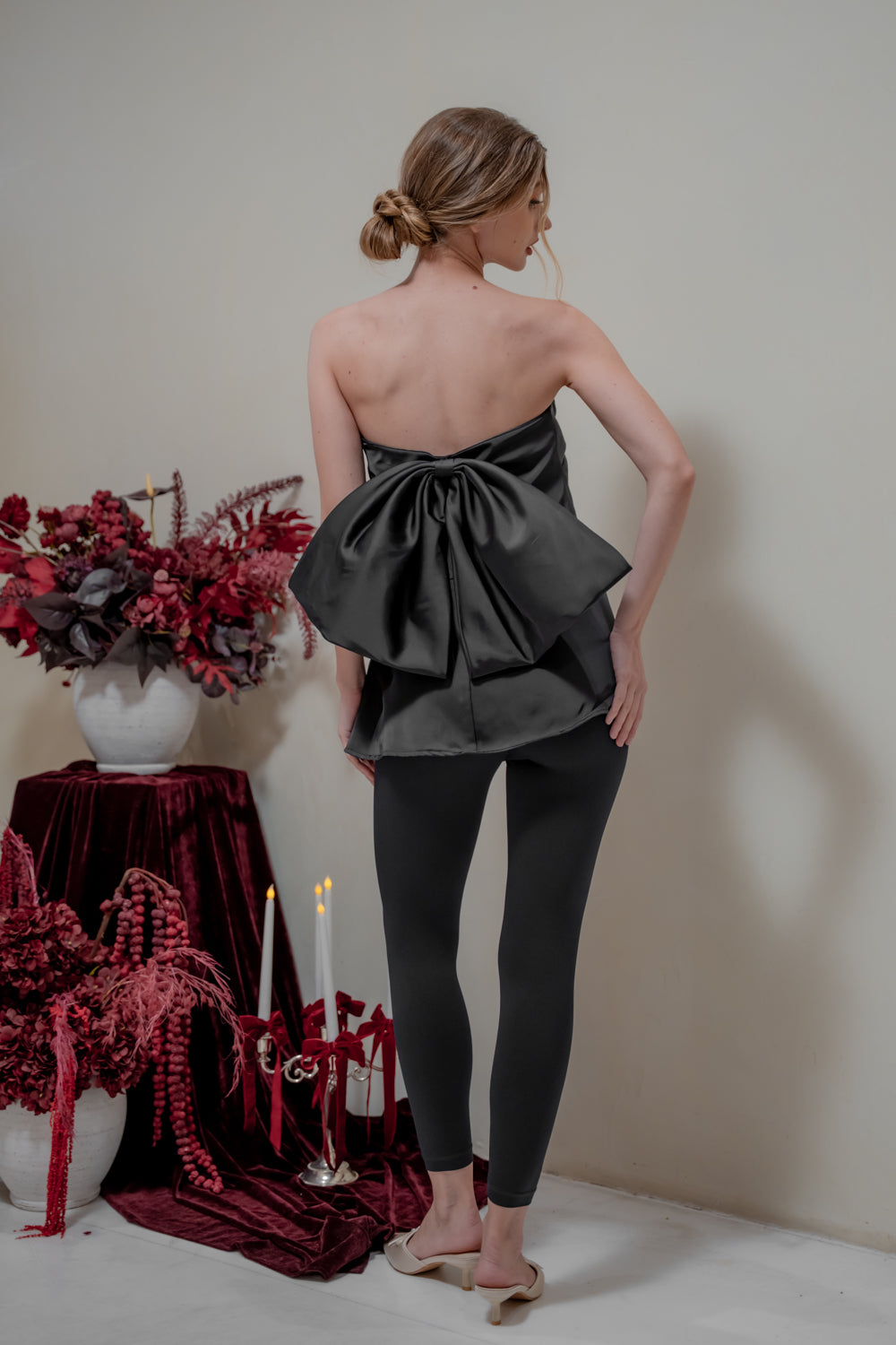 CALLA TOP Strapless Top with Bow Back (Black Silk Crepe)