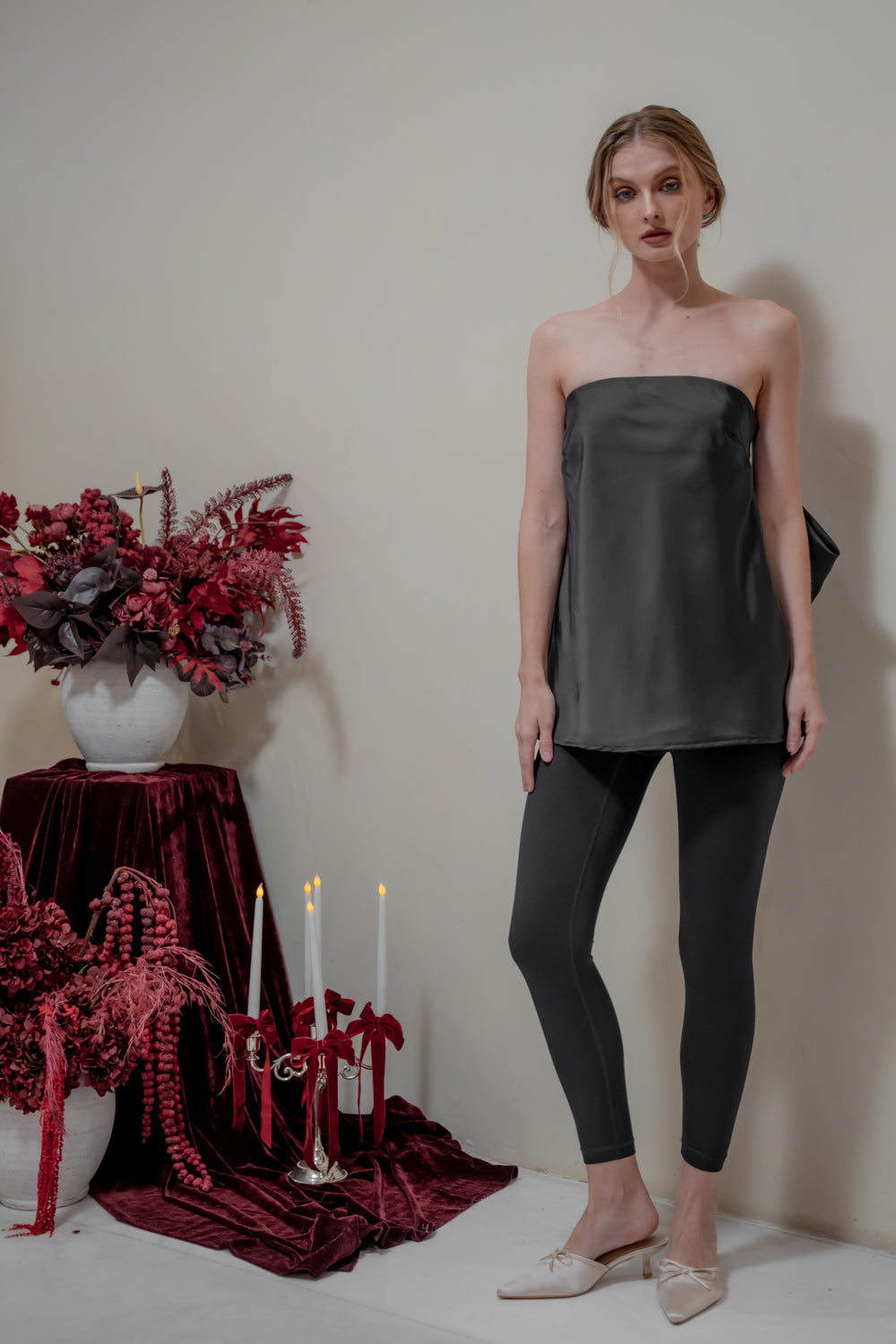 CALLA TOP Strapless Top with Bow Back (Black Silk Crepe)