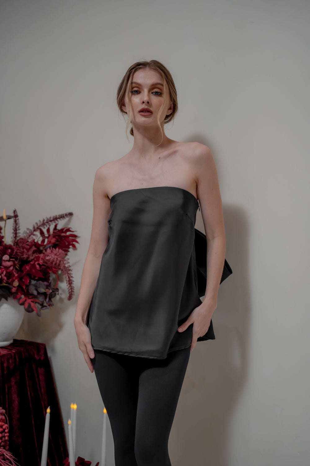CALLA TOP Strapless Top with Bow Back (Black Silk Crepe)