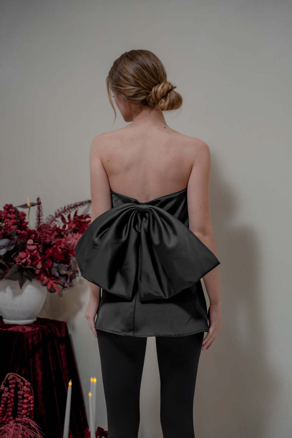 CALLA TOP Strapless Top with Bow Back (Black Silk Crepe)