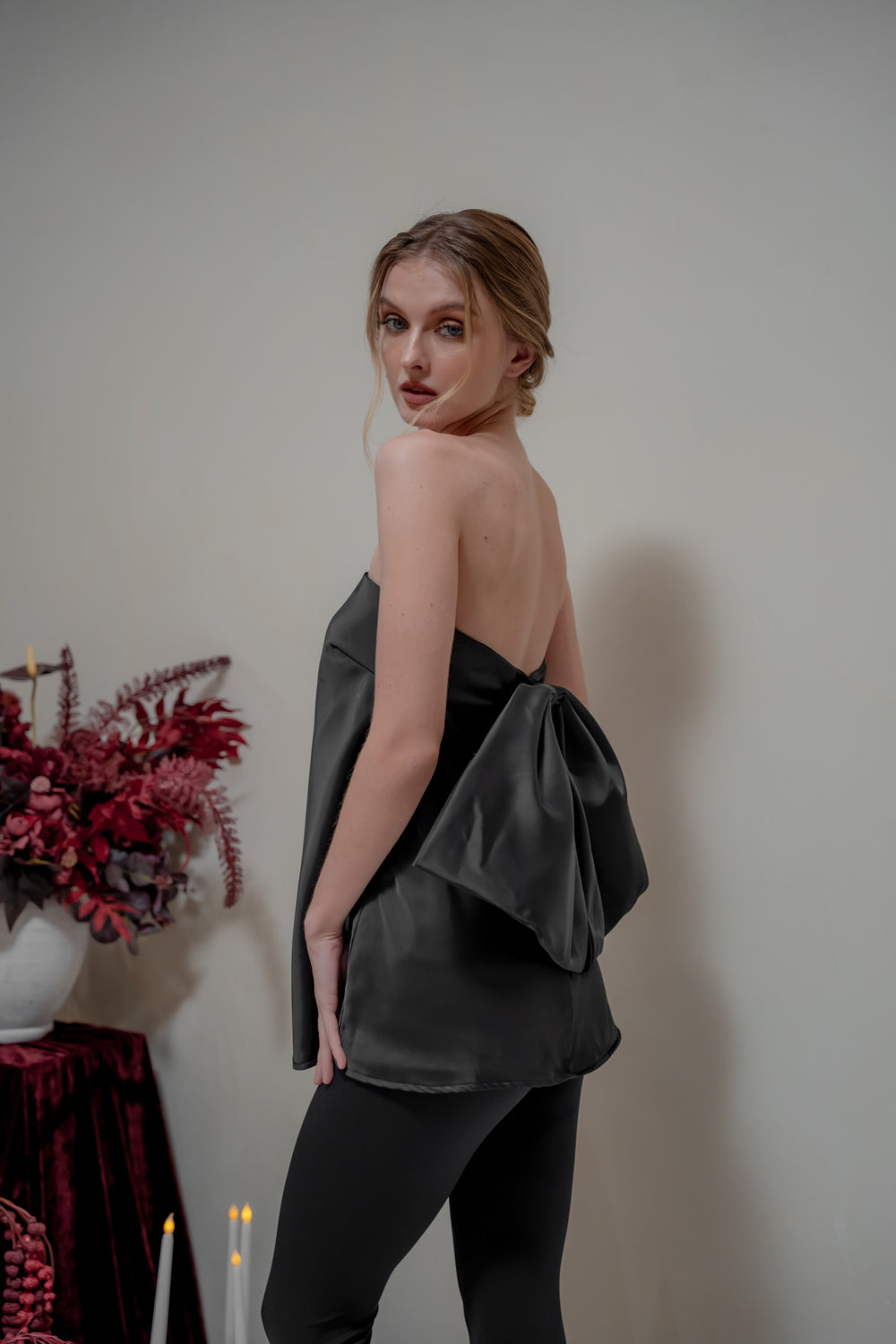 CALLA TOP Strapless Top with Bow Back (Black Silk Crepe)