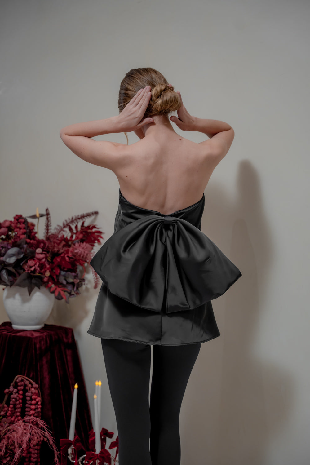 CALLA TOP Strapless Top with Bow Back (Black Silk Crepe)